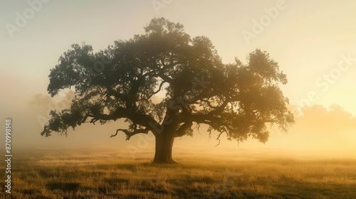 ancient gnarled oak tree standing solitary in misty field at dawn golden sunlight filters through branches creating ethereal atmosphere