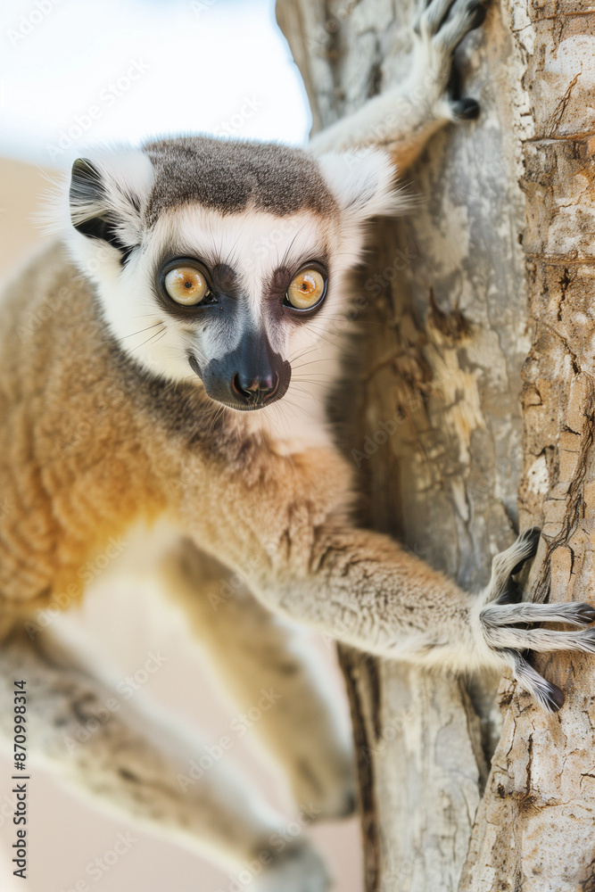 Obraz premium Ring-Tailed Lemur Climbing Tree with Curious Expression
