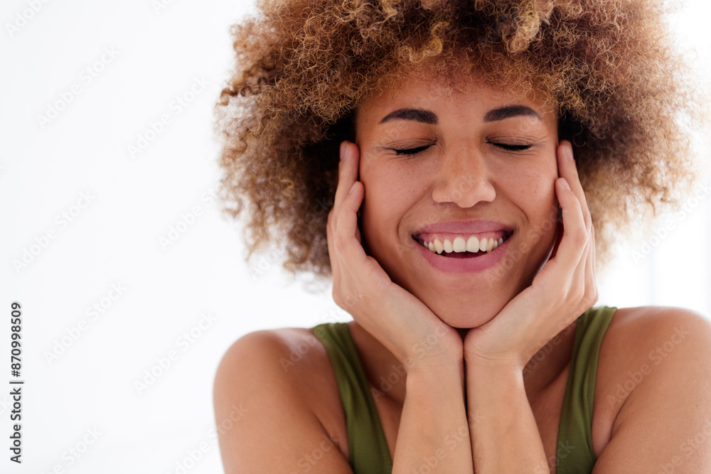Unretouched photo of positive girl touch face feel natural beauty isolated light studio background Unretouched photo of positive girl touch face feel natural beauty isolated light studio background