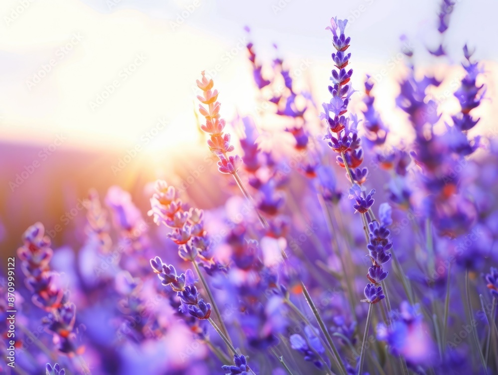 Fototapeta premium Scenic view of a lavender field in full bloom, summer landscape, floral beauty