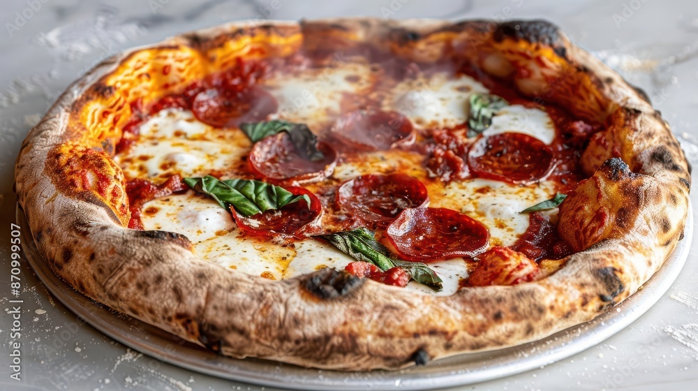 artisanal woodfired pizza with crispy pepperoni and stretchy mozzarella showcased on rustic white ceramic warm goldenbrown crust vibrant red sauce steam rising artisanal woodfired pizza with crispy pepperoni and stretchy mozzarella showcased on rustic white ceramic warm goldenbrown crust vibrant red sauce steam rising