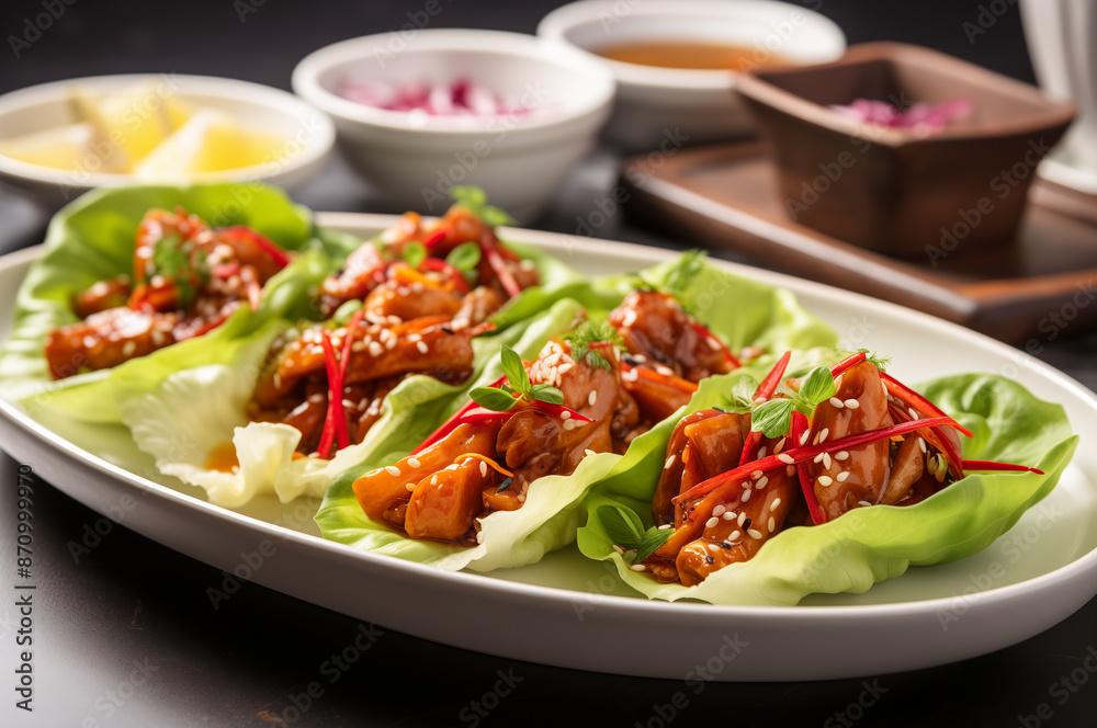 Spicy teriyaki chicken lettuce cups served on white ceramic plate. Horizontal, close-up, side view, with garnishes and sauces on background. Spicy teriyaki chicken lettuce cups served on white ceramic plate. Horizontal, close-up, side view, with garnishes and sauces on background.