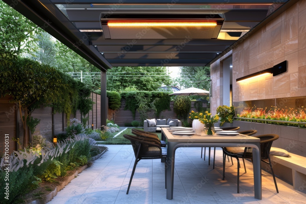 Obraz premium Modern Backyard with Sleek Infrared Heater for Evening Gatherings: Dining Table, Chairs, and Garden View