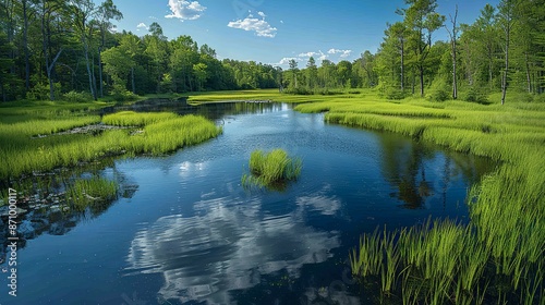 A realistic photo of a pristine wetland, showcasing the diverse flora and fauna that thrive in this unique ecosystem, highlighting the importance of wetland preservation. , Minimalism,