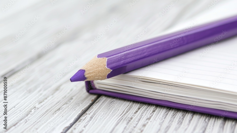 Purple pencil next to notebook Purple pencil next to notebook