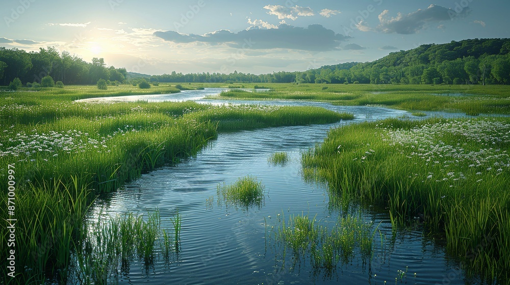 A realistic photo of a wetland ecosystem, rich in biodiversity, emphasizing the significance of wetland preservation and the need for habitat protection. , Minimalism, A realistic photo of a wetland ecosystem, rich in biodiversity, emphasizing the significance of wetland preservation and the need for habitat protection. , Minimalism,