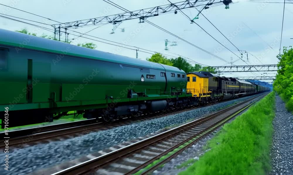 Sleek green locomotive dividing into two parts while in motion Sleek green locomotive dividing into two parts while in motion