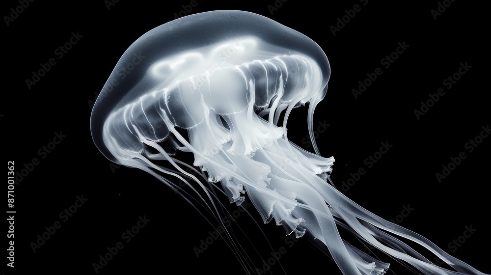 Monochromatic X-ray image of a jellyfish floating in the water, dark ...