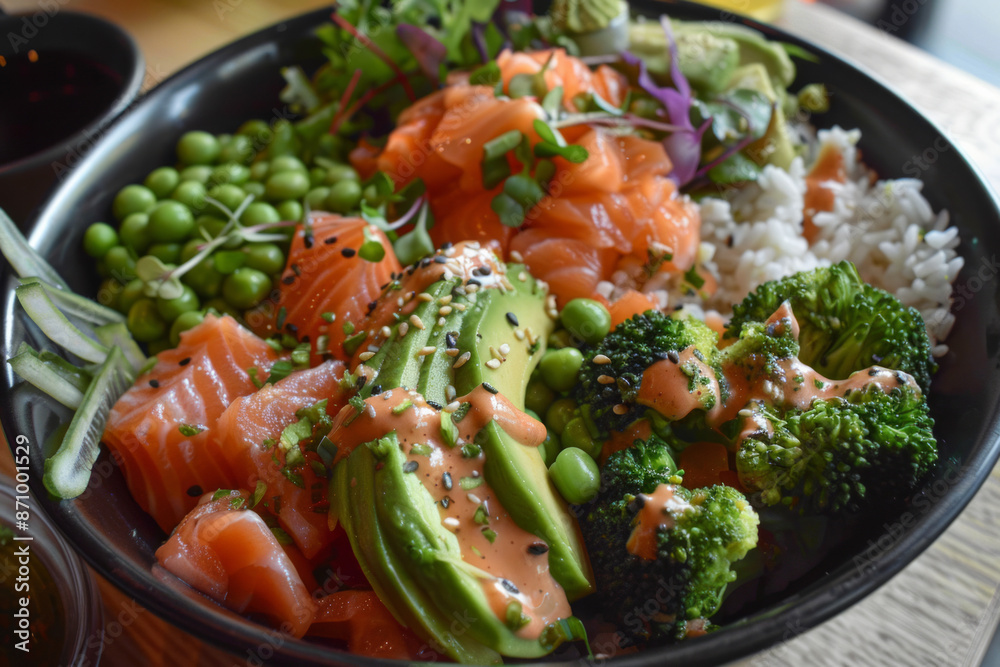 A nourishing dish consisting of a combination of salmon, avocado, broccoli, green peas, rice, and a side of fresh salad. A nourishing dish consisting of a combination of salmon, avocado, broccoli, green peas, rice, and a side of fresh salad.