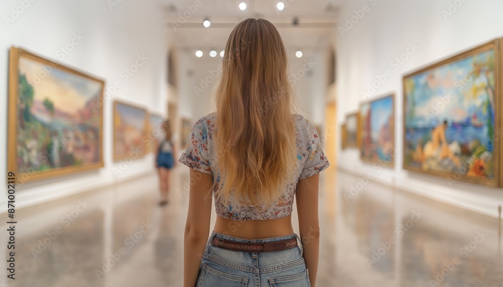 A woman with long blonde hair is admiring a vibrant and colorful piece of art in a gallery setting with other attendees A woman with long blonde hair is admiring a vibrant and colorful piece of art in a gallery setting with other attendees