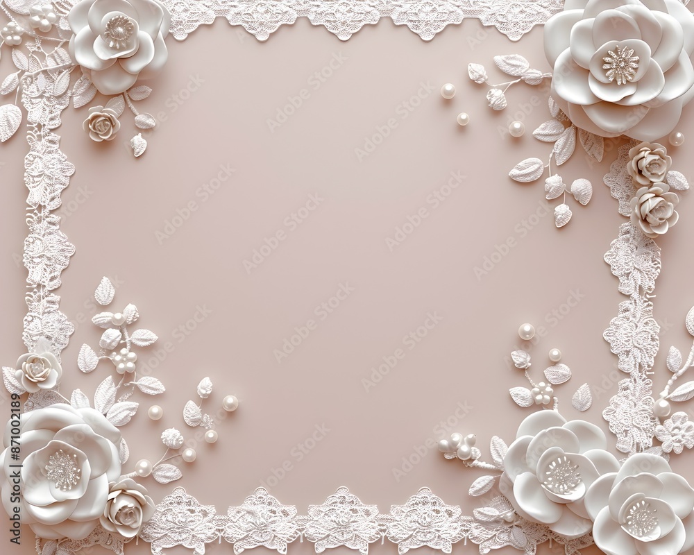 Elegant Wedding Frame with Lace Pearls and Soft Floral Arrangements Elegant Wedding Frame with Lace Pearls and Soft Floral Arrangements