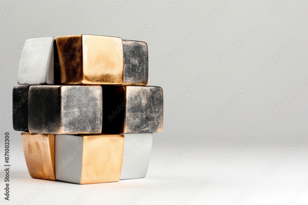Stack of metallic cubes in black, gold, and silver. Modern abstract geometric design. Minimalist. Stack of metallic cubes in black, gold, and silver. Modern abstract geometric design. Minimalist.