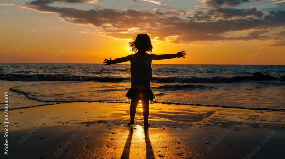 Fototapeta premium child, silhouette, sunset, beach, Happy, fun --no blur, grunge, splash, dust --ar 16:9 Job ID: aad6746b-10e3-463f-8548-d3631c3c2af1