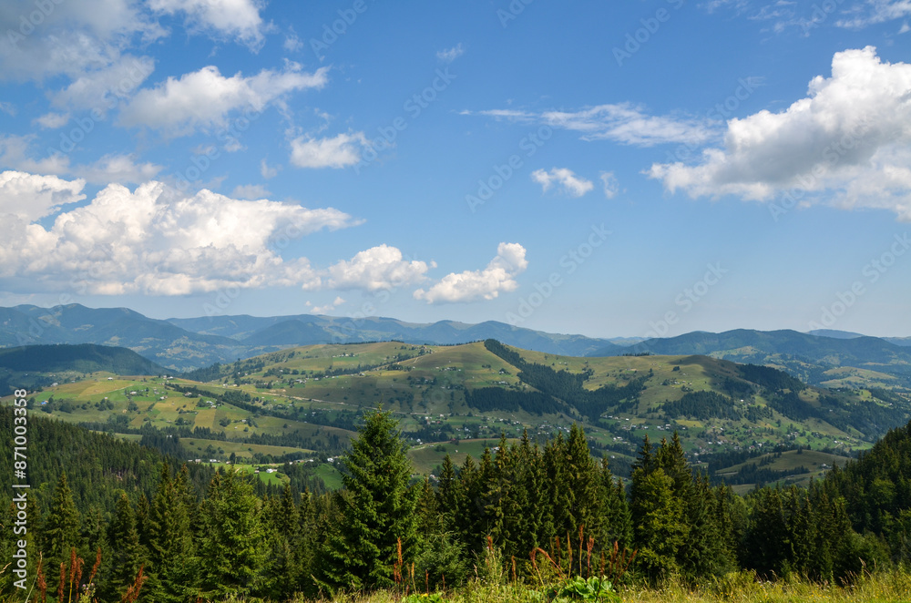 Fototapeta premium Spruce forests, rolling expanse of lush green hills with village houses and mountain ridge on background beneath a vast, azure sky adorned with scattered clouds. Carpathian Mountains, Ukraine