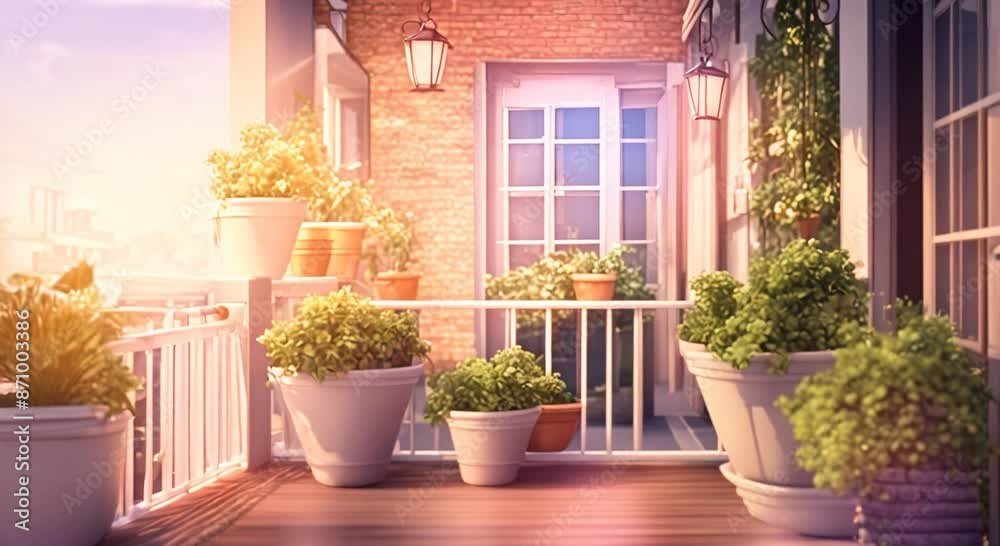 Balcony with mini garden animation background Cartoon or anime watercolor digital painting illustration style seamless looping video animation background 4k animation Balcony with mini garden animation background Cartoon or anime watercolor digital painting illustration style seamless looping video animation background 4k animation