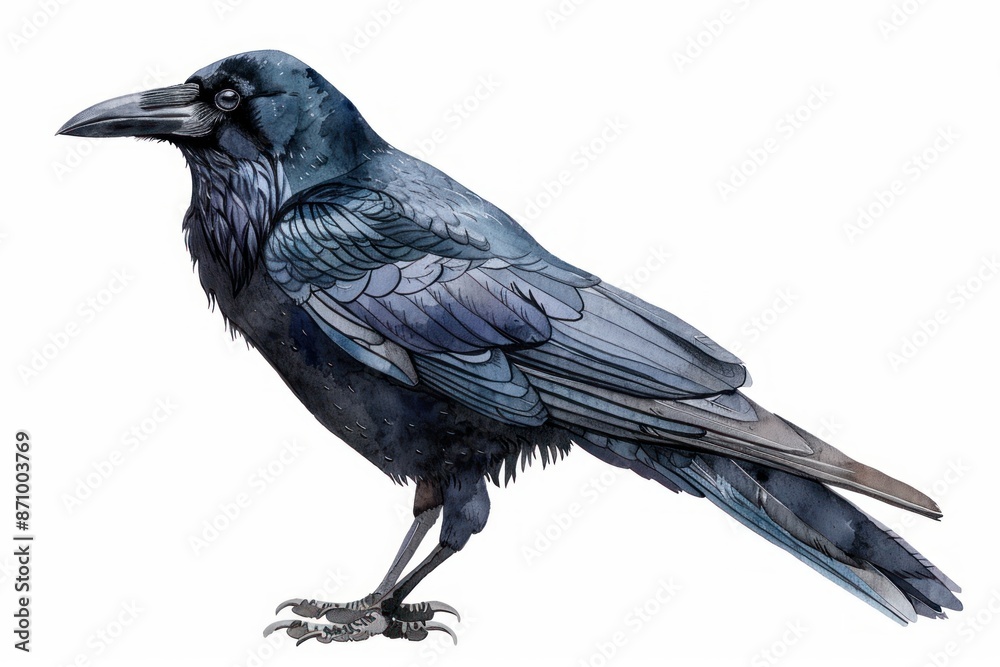 Obraz premium Crow, bird, Pastel-colored, in hand-drawn style, watercolor, isolated on white background