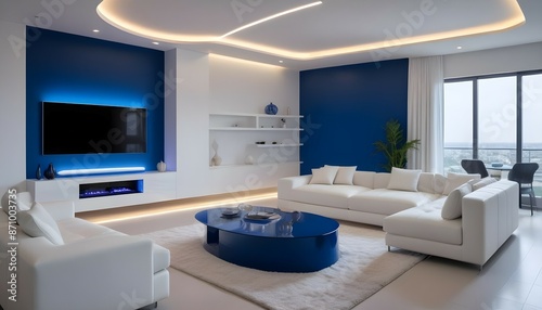 An ultra-modern living room with avant-garde furniture, dynamic LED lighting in various colors, and gradient walls, captured in crisp detail.