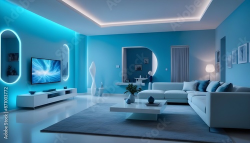 An ultra-modern living room with avant-garde furniture, dynamic LED lighting in various colors, and gradient walls, captured in crisp detail.