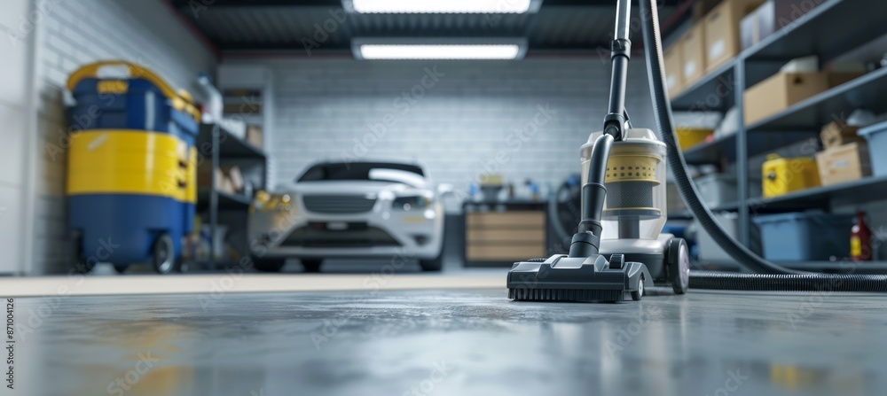 High-Powered Vacuum Cleaner in Action, Cleaning a Well-Organized Garage and Car Interior