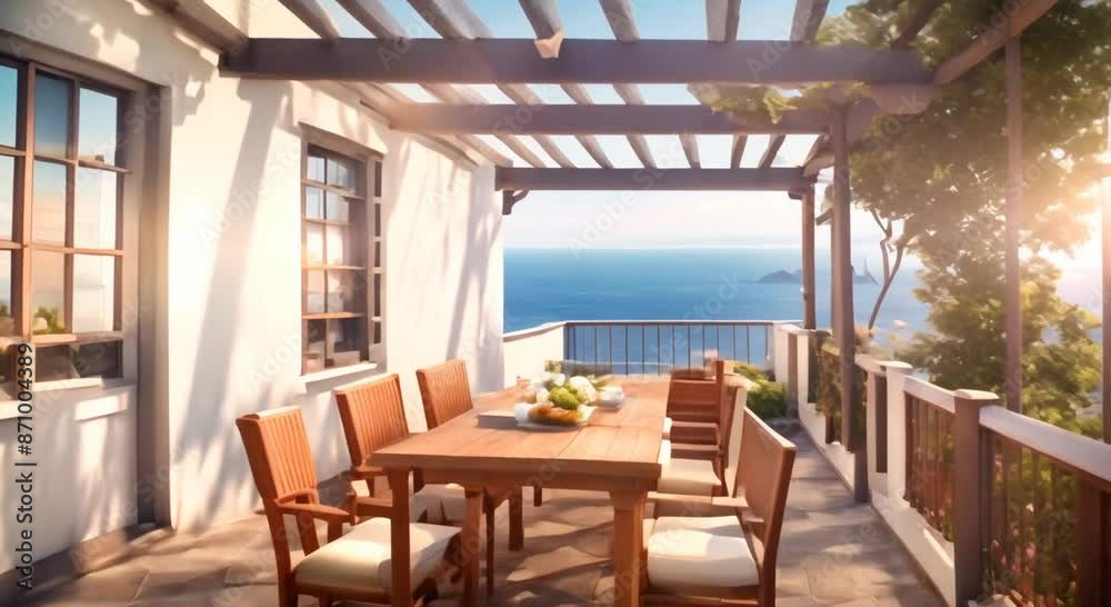 Terrace with a view of the sea Cartoon or anime watercolor digital painting illustration style seamless looping video animation background 4k animation Terrace with a view of the sea Cartoon or anime watercolor digital painting illustration style seamless looping video animation background 4k animation