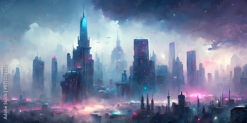 Dark, misty atmosphere surrounds a futuristic metropolis, where majestic skyscrapers pierce the fog, their neon lights casting an ethereal glow on the deserted city streetscape. Dark, misty atmosphere surrounds a futuristic metropolis, where majestic skyscrapers pierce the fog, their neon lights casting an ethereal glow on the deserted city streetscape.