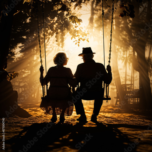 Old couple sitting during sunset