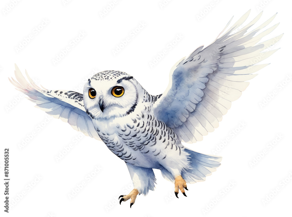 Obraz premium Watercolor illustration of a cute white owl isolated on a transparent background. Arctic animal clipart - Snowy owl on white backdrop for design: books, stickers, decoration, prints, cards. 