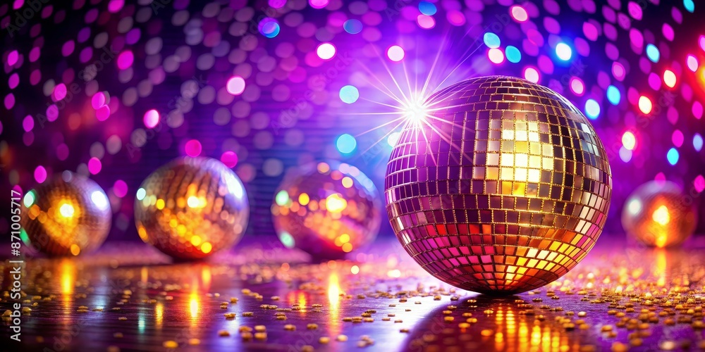 70s disco ball on dance floor - retro party scene - colorful background - purple and gold lighting - dance, party, festive music 70s disco ball on dance floor - retro party scene - colorful background - purple and gold lighting - dance, party, festive music