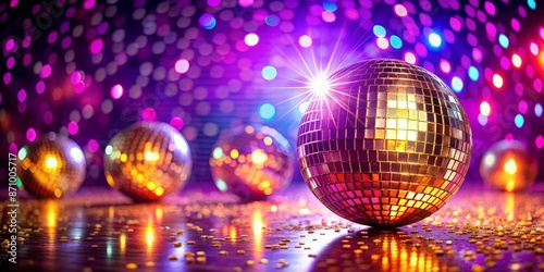 70s disco ball on dance floor - retro party scene - colorful background - purple and gold lighting - dance, party, festive music