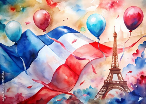 Vibrant colorful background with French flag waving proudly, red white and blue balloons and streamers, Eiffel Tower silhouette, celebrating national pride and joy. photo