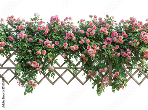Beautiful pink roses climbing over a wooden lattice fence, showcasing vibrant blooms and lush green foliage in a garden setting.