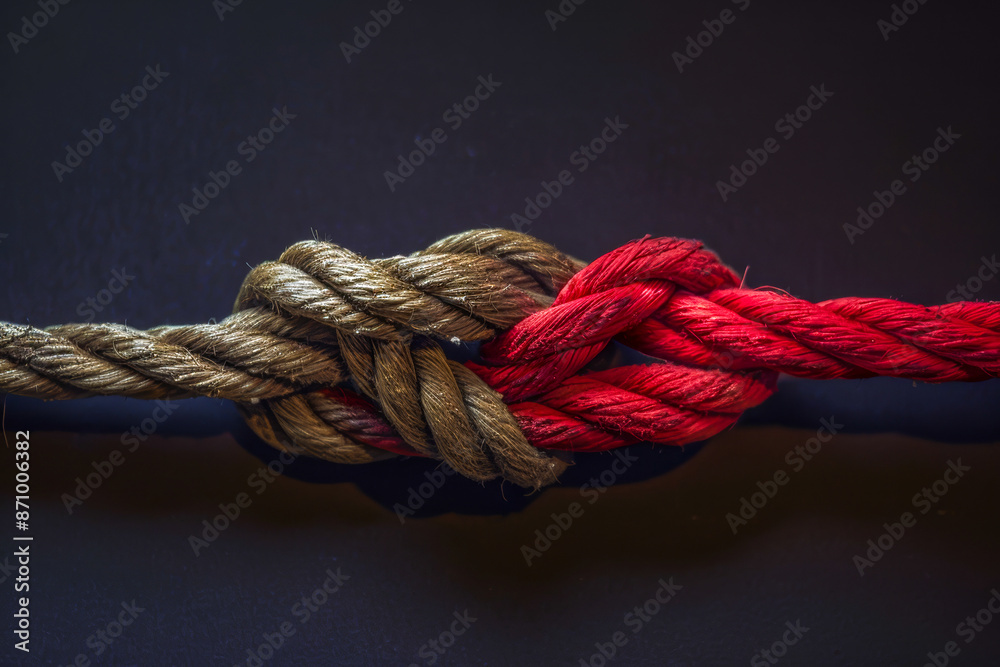 Close up of Intertwined Red and Brown Knots on Dark Background Reflecting Unity and Strength Close up of Intertwined Red and Brown Knots on Dark Background Reflecting Unity and Strength