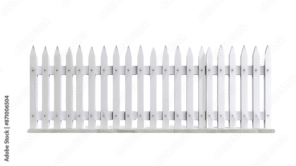 A classic white wooden picket fence with evenly spaced vertical slats, representing a traditional and charming look for gardens and yards. A classic white wooden picket fence with evenly spaced vertical slats, representing a traditional and charming look for gardens and yards.