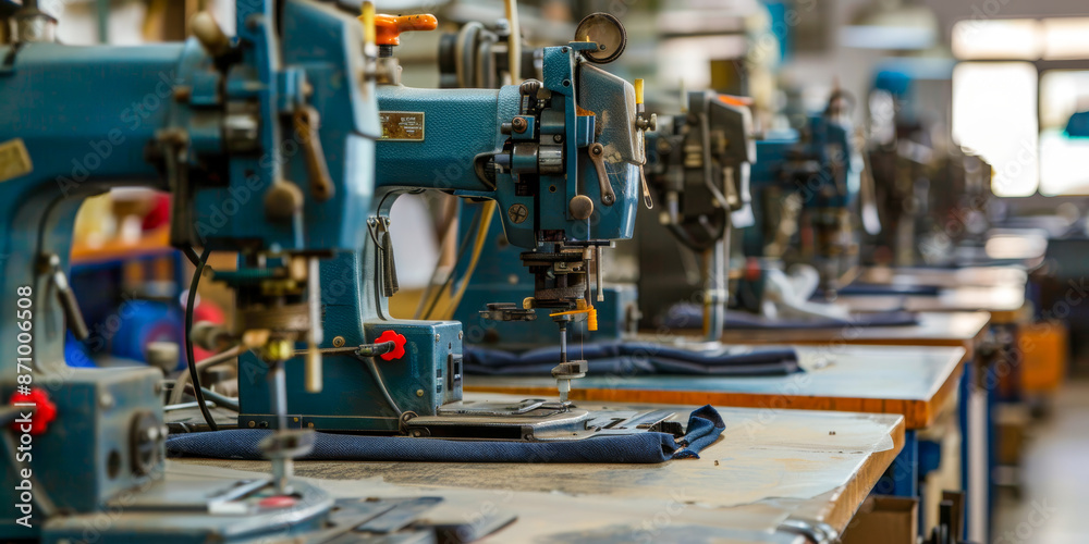 Industrial Sewing Machines in a Row at a Textile Factory Workshop