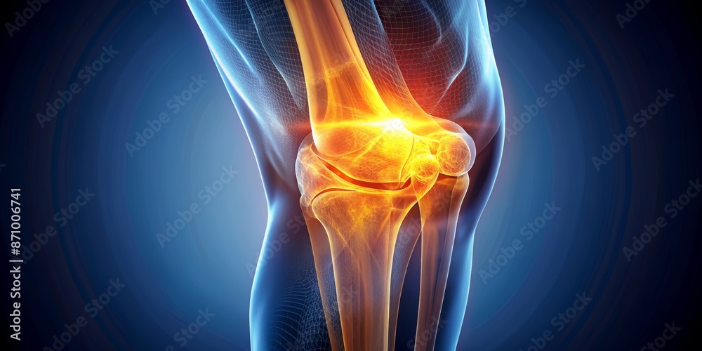 Artificial intelligence (AI) close-up image of a human knee with an orange bioluminescent glow