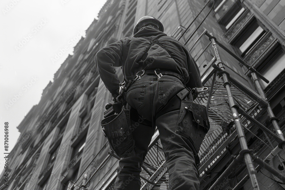 Detailed image of a window washer stepping onto a scaffold, ready to clean the windows of a tall building, Detailed image of a window washer stepping onto a scaffold, ready to clean the windows of a tall building,