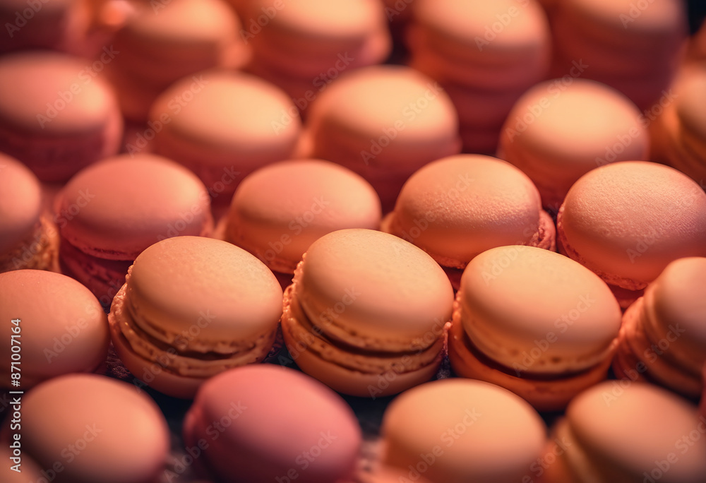 Obraz premium A close-up view of a large assortment of colorful macarons in various pastel shades, including pink, green, and orange, arranged in a visually appealing manner.