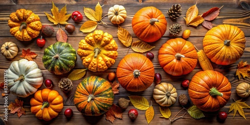 Autumn-themed flat-lay featuring pumpkins evokes Halloween and Thanksgiving festivities.