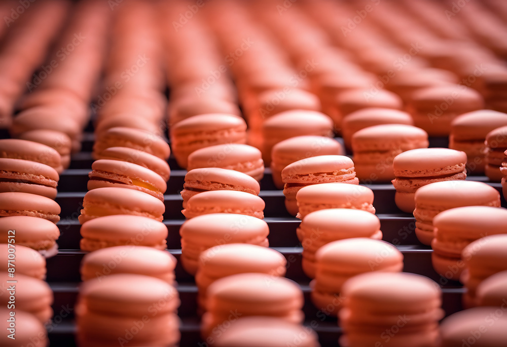 A close-up view of a large assortment of colorful macarons in various pastel shades, including pink, green, and orange, arranged in a visually appealing manner. A close-up view of a large assortment of colorful macarons in various pastel shades, including pink, green, and orange, arranged in a visually appealing manner.