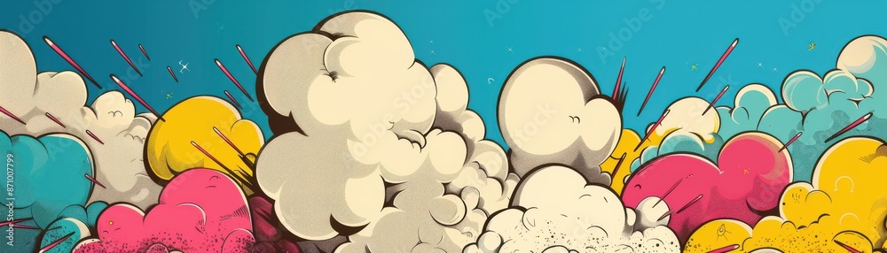 Fototapeta premium Colorful comic book explosion with vibrant clouds and smoke in pink, yellow, and blue against a teal background.