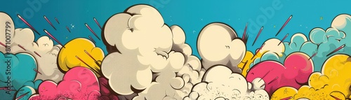 Colorful comic book explosion with vibrant clouds and smoke in pink, yellow, and blue against a teal background.