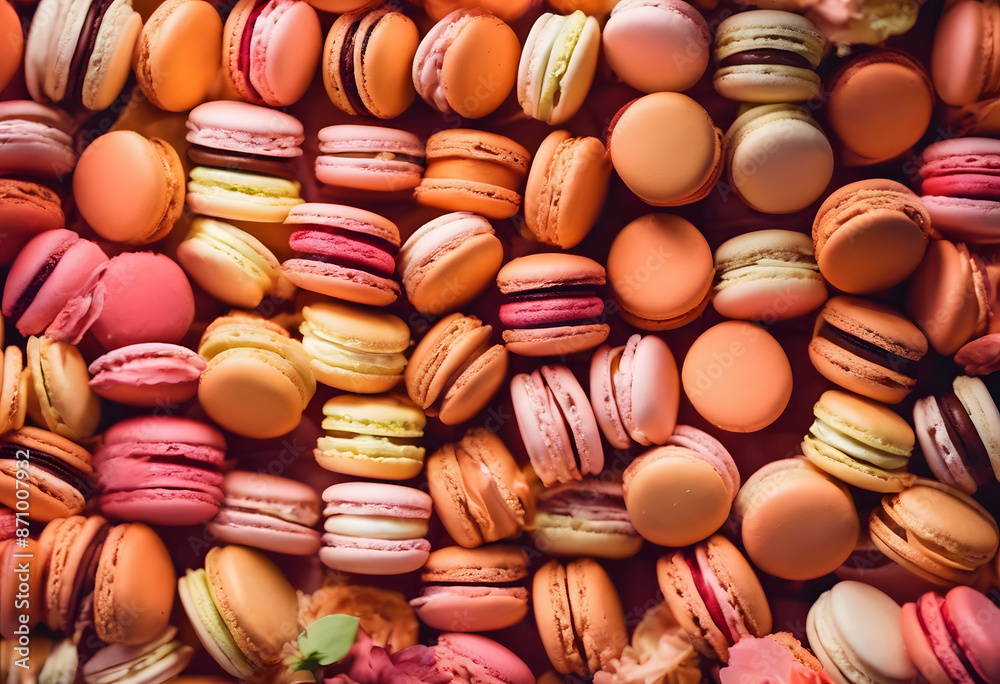 A close-up view of a large assortment of colorful macarons in various pastel shades, including pink, green, and orange, arranged in a visually appealing manner. A close-up view of a large assortment of colorful macarons in various pastel shades, including pink, green, and orange, arranged in a visually appealing manner.