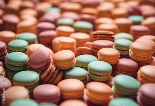 A close-up view of a large assortment of colorful macarons in various pastel shades, including pink, green, and orange, arranged in a visually appealing manner. © Tetlak