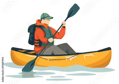 Man in a kayak paddling in calm water, dressed in outdoor gear. Vector flat design illustration