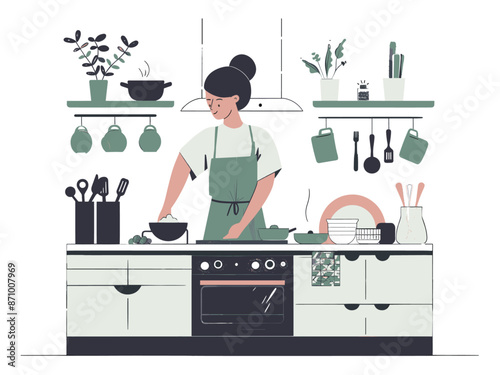 Woman preparing food in a modern kitchen, surrounded by utensils and plants. Flat design illustration