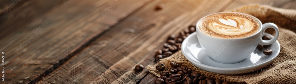 Cup of freshly brewed cappuccino with latte art on a rustic wooden table, surrounded by coffee beans. Cup of freshly brewed cappuccino with latte art on a rustic wooden table, surrounded by coffee beans.