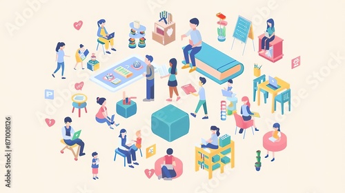 School community, with illustrations of students, teachers, and parents working together to create a supportive school community