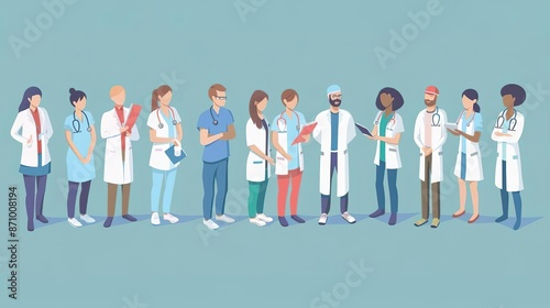 Medical team, with illustrations of a diverse group of healthcare professionals working together, including doctors, nurses, and technicians