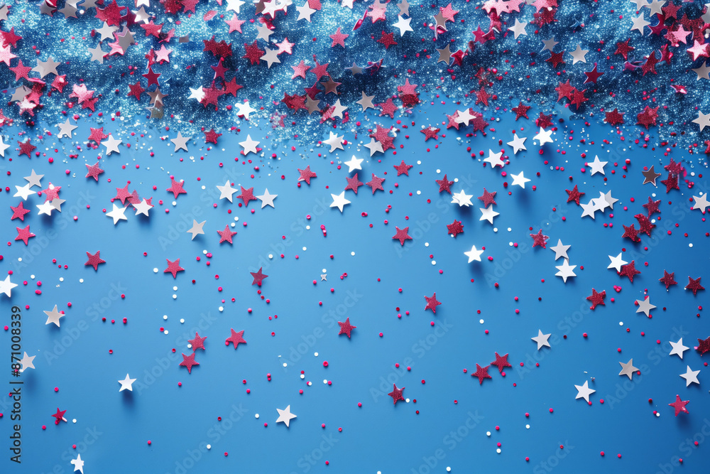Studio photo of white star-shaped glitter and blue and red regular glitter moving on a blue background, with copy space for text or design. Festive composition for the 4th of July. Studio photo of white star-shaped glitter and blue and red regular glitter moving on a blue background, with copy space for text or design. Festive composition for the 4th of July.