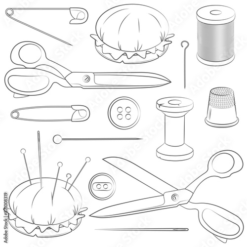 Set of black and white illustrations with sewing supplies. Isolated vector objects on white background.